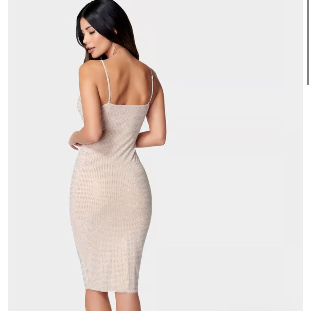 Bebe Sparkle Square Neck Midi Dress in Nude Tan Size Large Silver Rhinestone - Picture 3 of 11